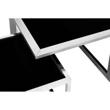 Black Tempered Glass Top and Silver Stainless Steel Frame Coffee Table with 4 Nesting Stools, Horizon