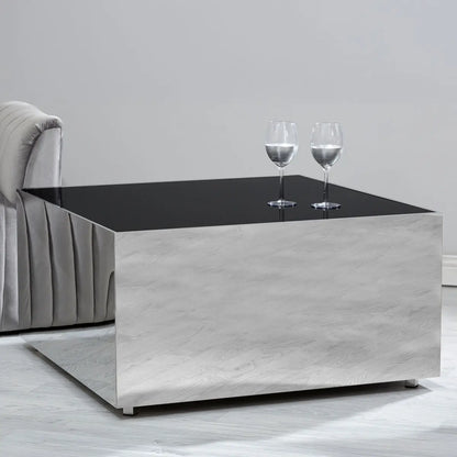 Black Tempered Glass Top Coffee Table with Silver Square Chrome Finish Frame, Carlox