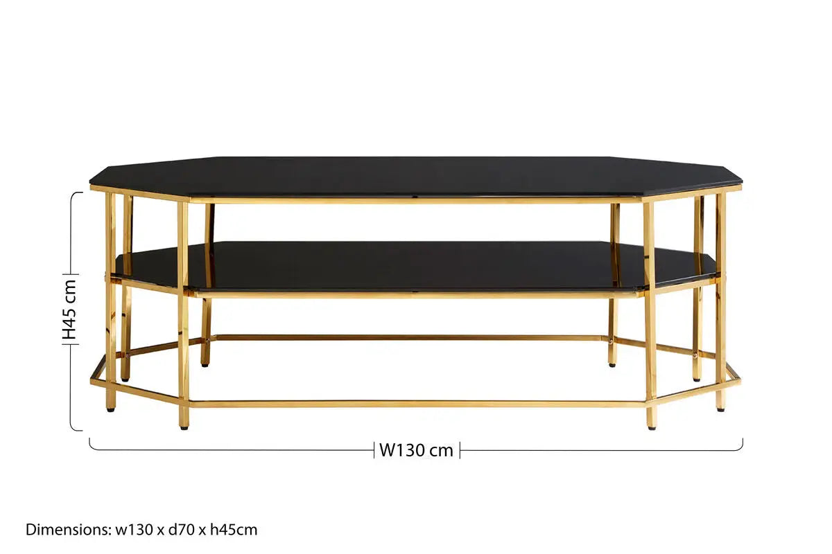 Black Tempered Glass Two-Tier Coffee Table with Warm Gold Stainless Steel Hexagonal Frame, Arezzo