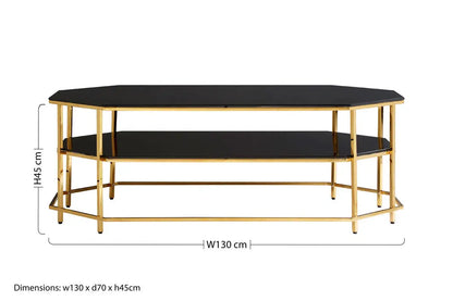 Black Tempered Glass Two-Tier Coffee Table with Warm Gold Stainless Steel Hexagonal Frame, Arezzo
