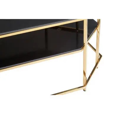 Black Tempered Glass Two-Tier Coffee Table with Warm Gold Stainless Steel Hexagonal Frame, Arezzo