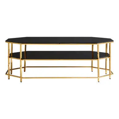 Black Tempered Glass Two-Tier Coffee Table with Warm Gold Stainless Steel Hexagonal Frame, Arezzo