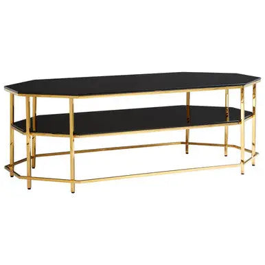 Black Tempered Glass Two-Tier Coffee Table with Warm Gold Stainless Steel Hexagonal Frame, Arezzo