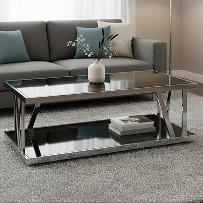 Black Tempered Glass Two-Tier Design Coffee Table with Silver Stainless Steel Frame, Ackley