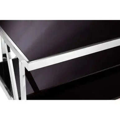 Black Tempered Glass Two-Tier Design Coffee Table with Silver Stainless Steel Frame, Ackley
