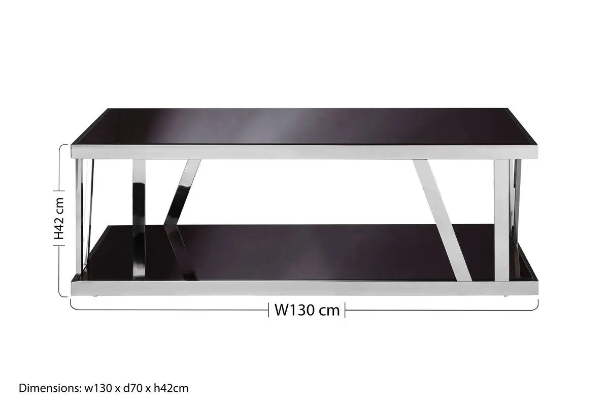Black Tempered Glass Two-Tier Design Coffee Table with Silver Stainless Steel Frame, Ackley