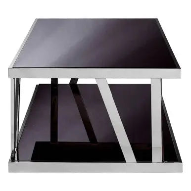 Black Tempered Glass Two-Tier Design Coffee Table with Silver Stainless Steel Frame, Ackley