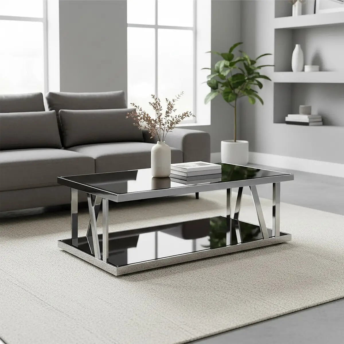 Black Tempered Glass Two-Tier Design Coffee Table with Silver Stainless Steel Frame, Ackley