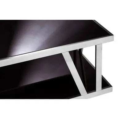 Black Tempered Glass Two-Tier Design Coffee Table with Silver Stainless Steel Frame, Ackley