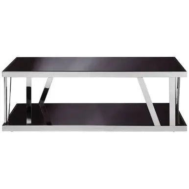 Black Tempered Glass Two-Tier Design Coffee Table with Silver Stainless Steel Frame, Ackley