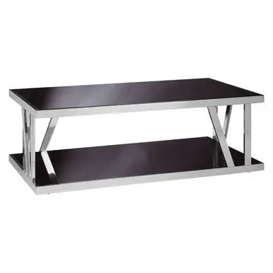 Black Tempered Glass Two-Tier Design Coffee Table with Silver Stainless Steel Frame, Ackley