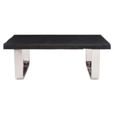 Black Wood and Clear Glass Top Coffee Table with Silver U-Shaped Metal Legs, Kerala