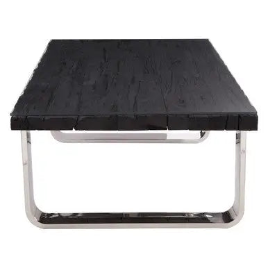 Black Wood and Clear Glass Top Coffee Table with Silver U-Shaped Metal Legs, Kerala