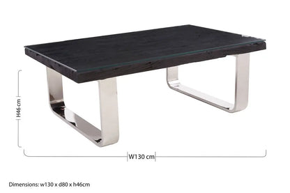 Black Wood and Clear Glass Top Coffee Table with Silver U-Shaped Metal Legs, Kerala