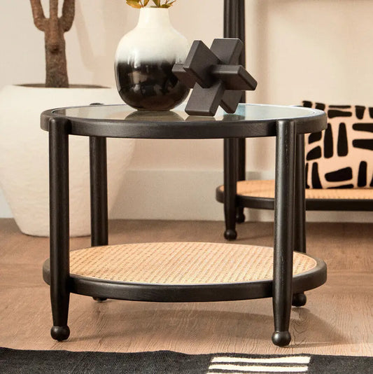 Black Wood and Rattan Frame Coffee Table with Glass Top, Cebu