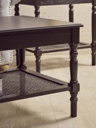 Black Wooden Coffee Table with Cane Webbed Lower Shelf and Carved Spindle Legs | Heritage