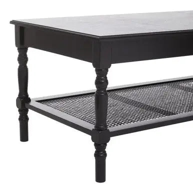 Black Wooden Coffee Table with Cane Webbed Lower Shelf and Carved Spindle Legs | Heritage