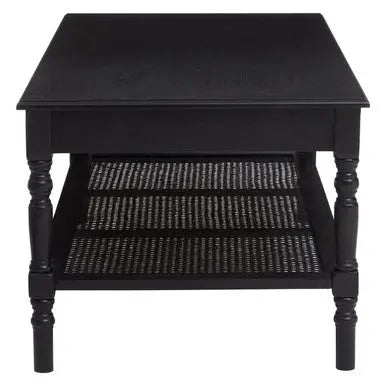 Black Wooden Coffee Table with Cane Webbed Lower Shelf and Carved Spindle Legs, Heritage