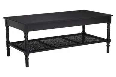 Black Wooden Coffee Table with Cane Webbed Lower Shelf and Carved Spindle Legs, Heritage