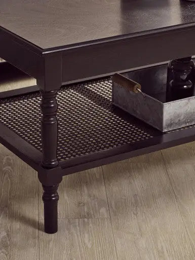 Black Wooden Coffee Table with Cane Webbed Lower Shelf and Carved Spindle Legs, Heritage