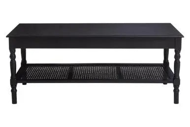 Black Wooden Coffee Table with Cane Webbed Lower Shelf and Carved Spindle Legs, Heritage