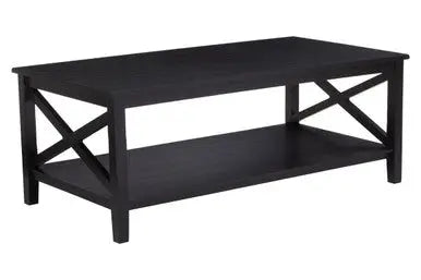 Black Wooden Coffee Table with Lower Shelf and X Frame Side Panels, Heritage