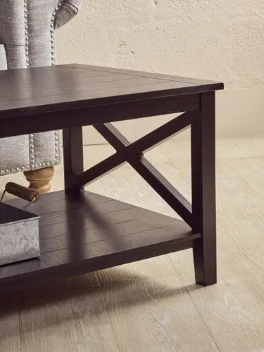 Black Wooden Coffee Table with Lower Shelf and X Frame Side Panels, Heritage