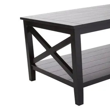 Black Wooden Coffee Table with Lower Shelf and X Frame Side Panels, Heritage