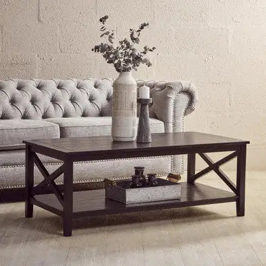 Black Wooden Coffee Table with Lower Shelf and X Frame Side Panels, Heritage