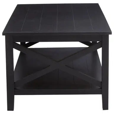 Black Wooden Coffee Table with Lower Shelf and X Frame Side Panels, Heritage