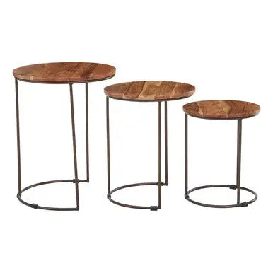 Boho Natural Acacia Wood and Metal Set of 3 Nesting Tables