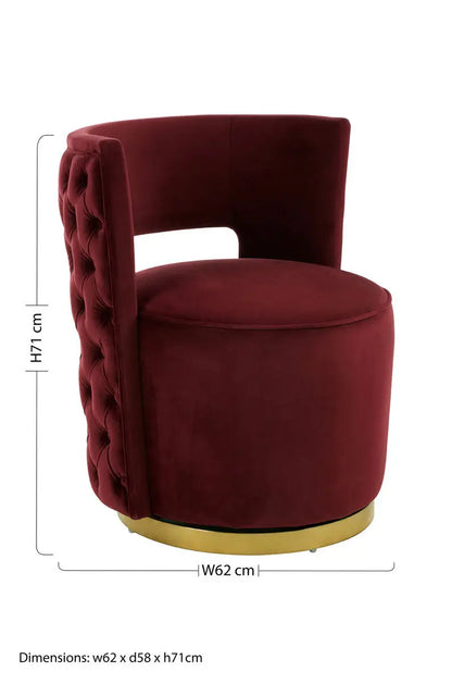 Bola Red Wine Velvet Swivel Chair with Gold Finish Base