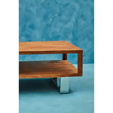 Brown Acacia Wood 1-Drawer Coffee Table with 1 Open Shelf and Stainless Steel Legs | Simla
