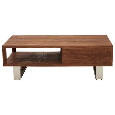 Brown Acacia Wood 1-Drawer Coffee Table with 1 Open Shelf and Stainless Steel Legs, Simla