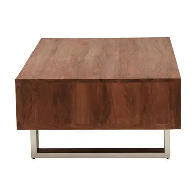 Brown Acacia Wood 1-Drawer Coffee Table with 1 Open Shelf and Stainless Steel Legs, Simla