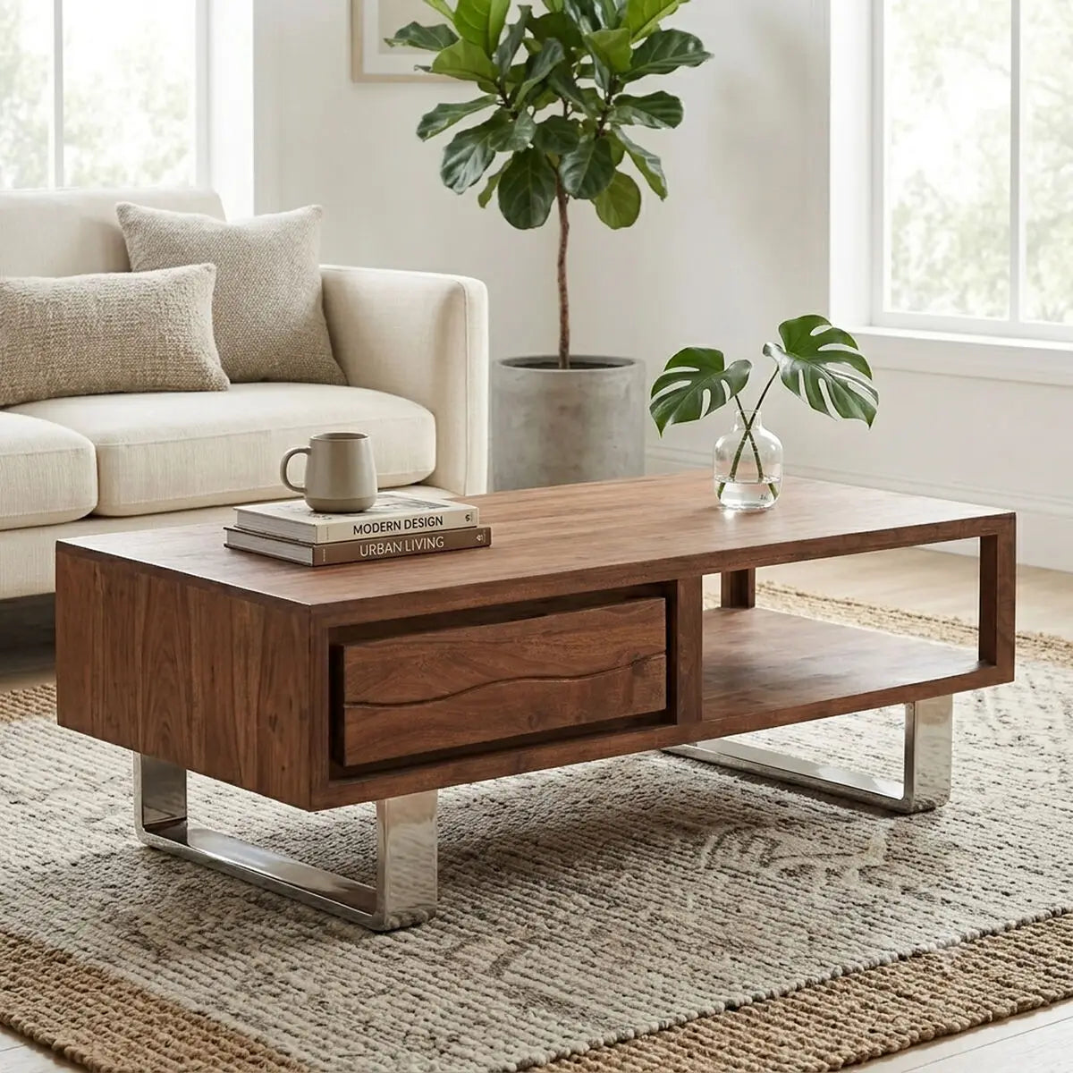 Brown Acacia Wood 1-Drawer Coffee Table with 1 Open Shelf and Stainless Steel Legs | Simla
