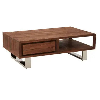 Brown Acacia Wood 1-Drawer Coffee Table with 1 Open Shelf and Stainless Steel Legs, Simla