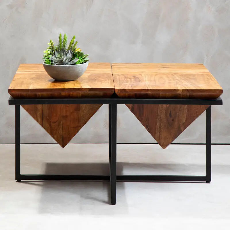 Brown Acacia Wood Pyramid Style Coffee Table with Black Metal Frame, Shimla
