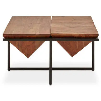 Brown Acacia Wood Pyramid Style Coffee Table with Black Metal Frame, Shimla