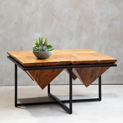 Brown Acacia Wood Pyramid Style Coffee Table with Black Metal Frame, Shimla