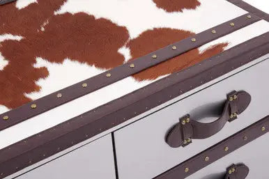 Brown and White Genuine Cowhide Coffee Table with 3 Drawers and Leather Handles, Kensington Townhouse