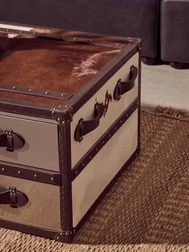 Brown and White Genuine Cowhide Coffee Table with 3 Drawers and Leather Handles, Kensington Townhouse