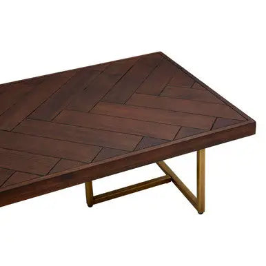 Brown Herringbone Wood Effect Coffee Table in Rich Acacia Tones with Brass Legs, Brando