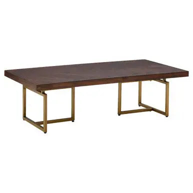 Brown Herringbone Wood Effect Coffee Table in Rich Acacia Tones with Brass Legs, Brando
