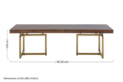 Brown Herringbone Wood Effect Coffee Table in Rich Acacia Tones with Brass Legs, Brando