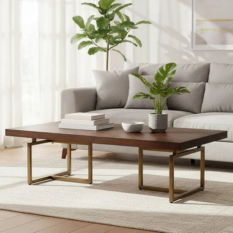Brown Herringbone Wood Effect Coffee Table in Rich Acacia Tones with Brass Legs, Brando