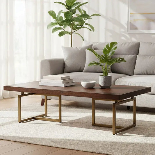 Brown Herringbone Wood Effect Coffee Table in Rich Acacia Tones with Brass Legs, Brando