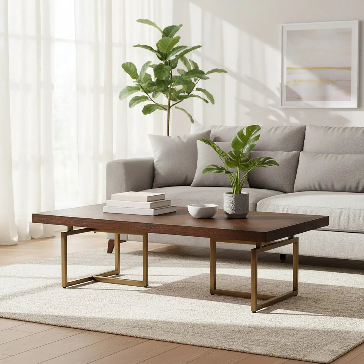 Brown Herringbone Wood Effect Coffee Table in Rich Acacia Tones with Brass Legs, Brando