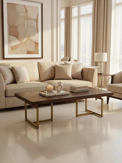 Brown Herringbone Wood Effect Coffee Table in Rich Acacia Tones with Brass Legs, Brando