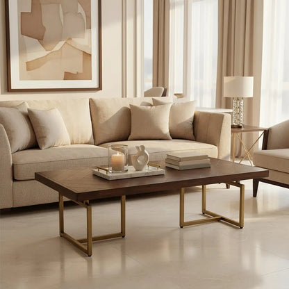 Brown Herringbone Wood Effect Coffee Table in Rich Acacia Tones with Brass Legs, Brando